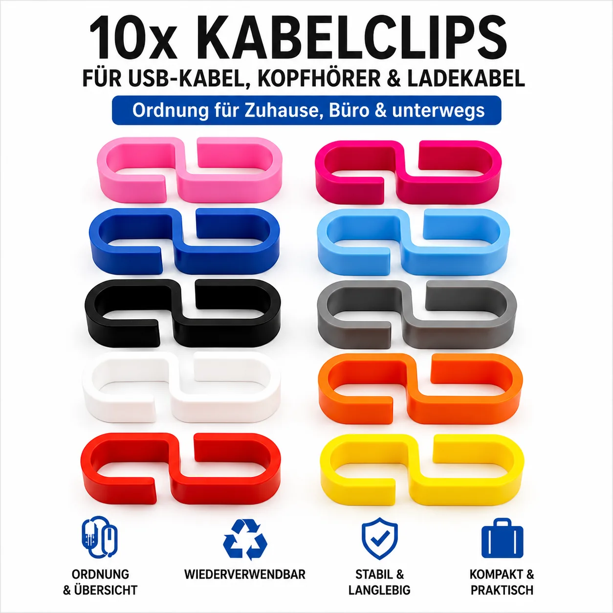 3D-gedruckte Kabelclips in mehreren Farben