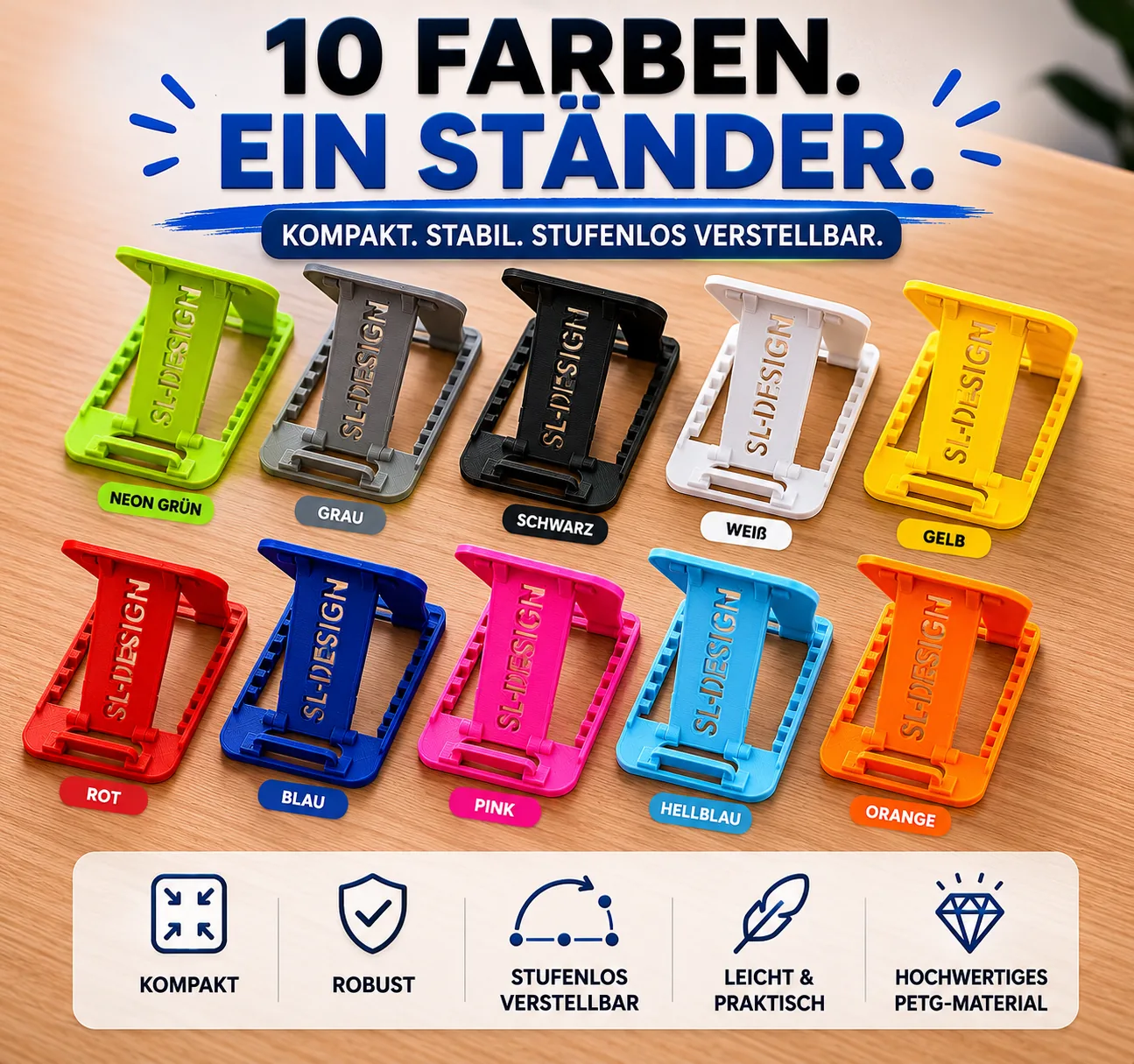 3D-gedruckte Handyhalter in zehn Farben